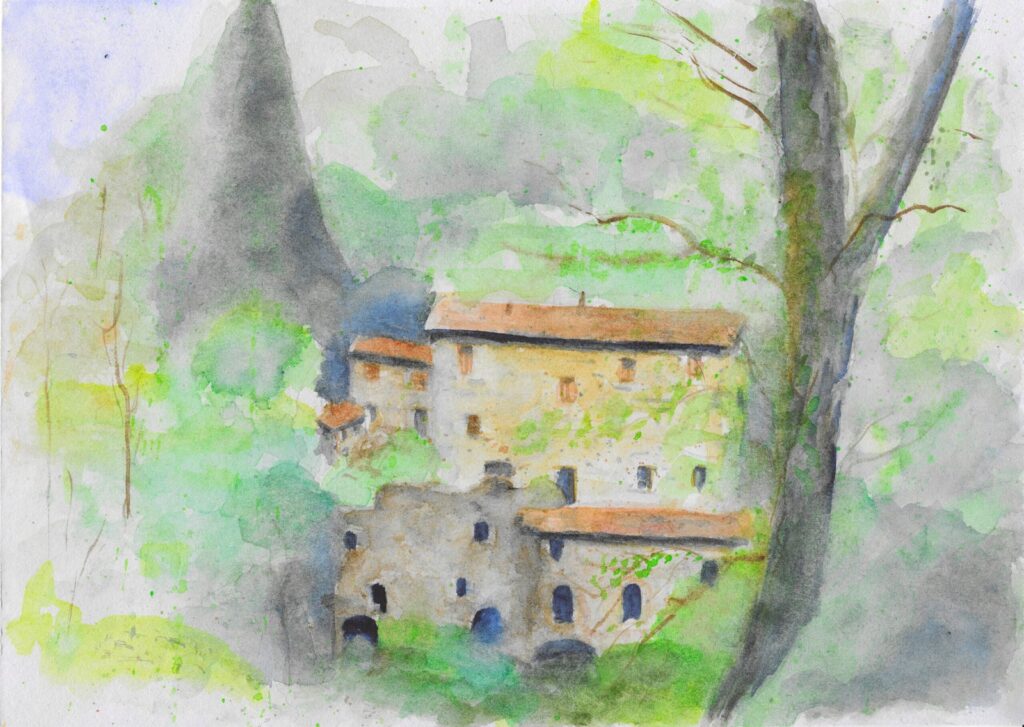 The old mill at Sommocolonia, watercolour painiting of Sommocolonia