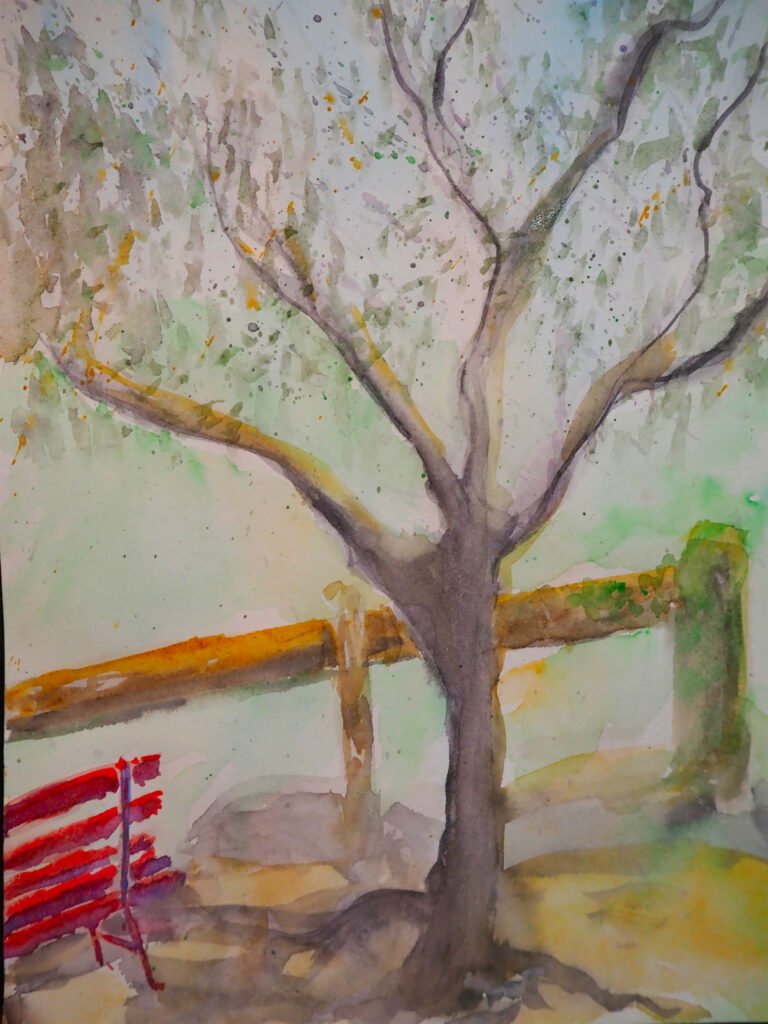 Watercolour olive tree, village watercolour art 